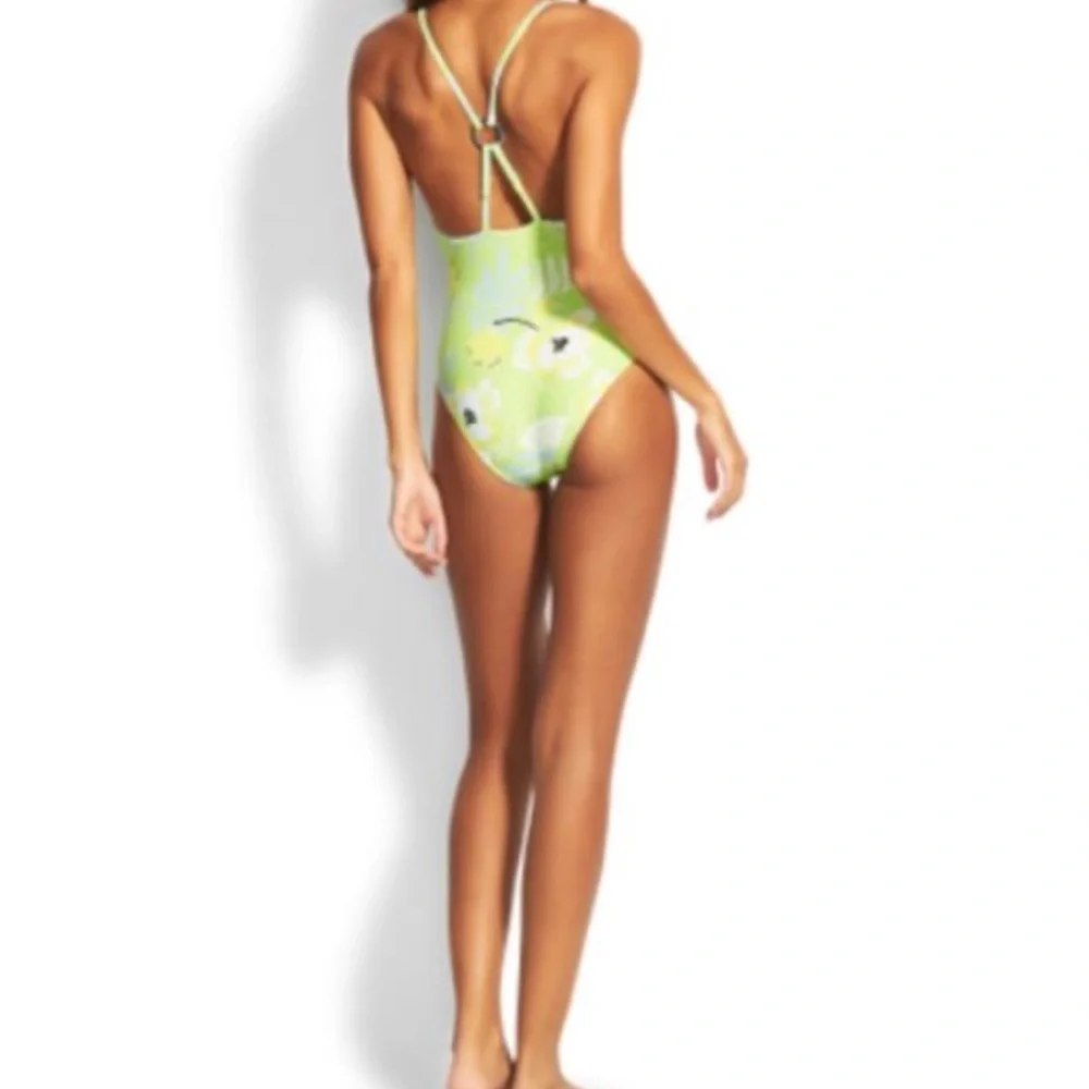 NWOT Seafolly Ring Front Maillot On Vacation Limeade Floral One Piece Swimsuit